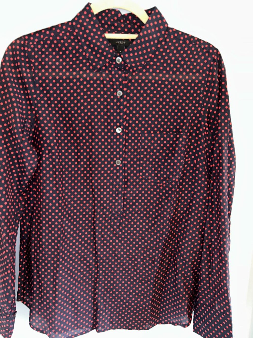 J. Crew Polka Dot Button Down Shirt, Silk Blend, Navy/Red, Sz 4